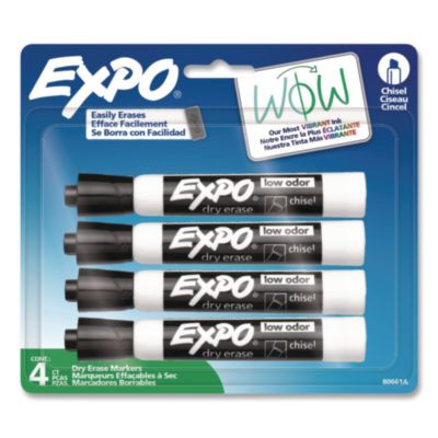 Dry Erase Marker, Chisel Tip, Black, 4/Pack
