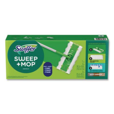 Sweep And Mop 2-In-1 Dry + Wet Floor Mopping And Sweeping Kit, 12.4 x 2.95 Mop Head, Silver Plastic Handle, 6/Carton