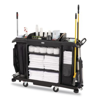 Full Size Housekeeping Cart With Accessory Bundle, Resin, 3 Shelves, 2 Bins, 24.4 x 62.4 x 49, Black