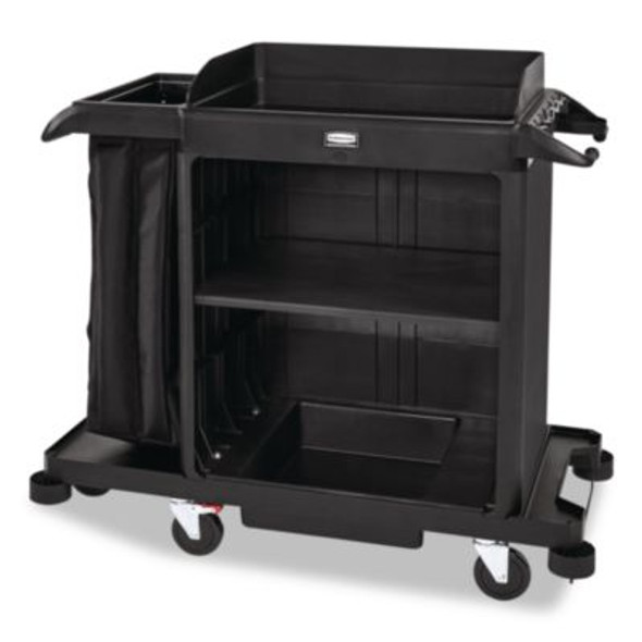 Compact Housekeeping Cart?, Plastic, 3 Shelves 1 Bin, 23 x 53.12 x 19.1, Black