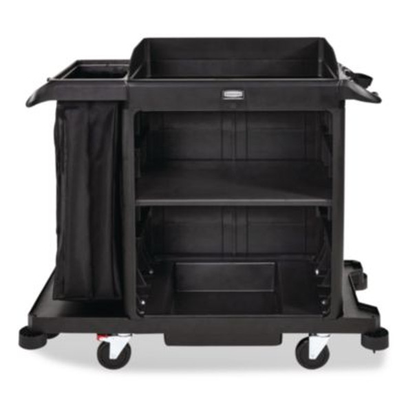 Compact Housekeeping Cart?, Plastic, 3 Shelves 1 Bin, 23 x 53.12 x 19.1, Black