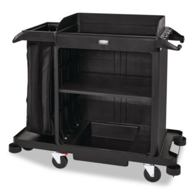 Compact Housekeeping Cart, Plastic, 3 Shelves 1 Bin, 23 x 53.12 x 19.1, Black