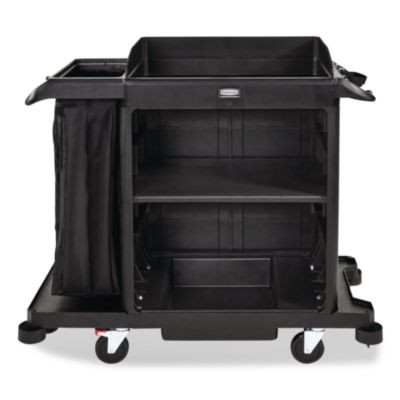 Compact Housekeeping Cart, Plastic, 3 Shelves 1 Bin, 23 x 53.12 x 19.1, Black