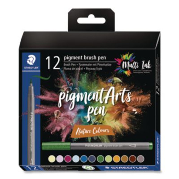 Pigment Brush Pen Set, Medium-Firm Tip, Assorted Nature Colors, 12/Pack