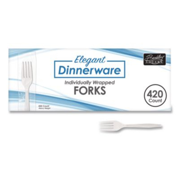 Elegant Dinnerware Heavyweight Cutlery, Individually Wrapped, Fork, Plastic, White, 420/Box