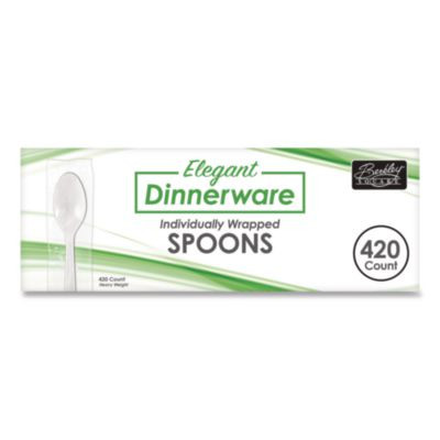 Elegant Dinnerware Heavyweight Cutlery, Individually Wrapped, Spoon, Plastic, White, 420/Box