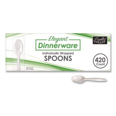 Elegant Dinnerware Heavyweight Cutlery, Individually Wrapped, Spoon, Plastic, White, 420/Box