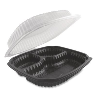 Culinary Lites Microwavable 3-Compartment Container, 20 Oz/5 Oz/5 Oz, 9 x 9 x 3.13, Clear/Black, Plastic, 100/Carton