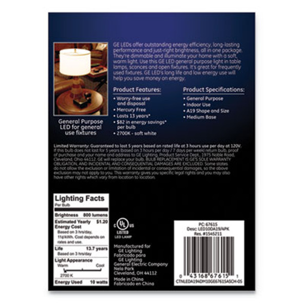 Led Sw A19 Dimmable Light Bulb, 10 W, Soft White, 4/Pack