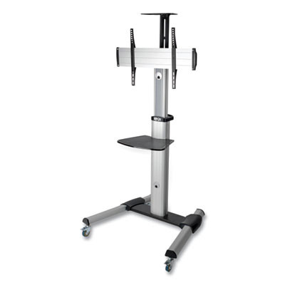 Flat Panel Floor Stand, Tilt Range: -12 To +5, Metal, 1 Shelf, 110 Lb Capacity, 32.6" x 27.6" x 81.5", Silver/Black