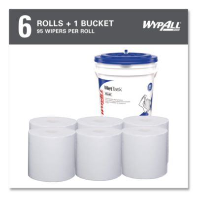 Power Clean Wipers For Solvents Wettask Customizable Wet Wiping System, 6 x 12, Unscented, 95/Roll, 6 Rolls/1 Bucket/Carton