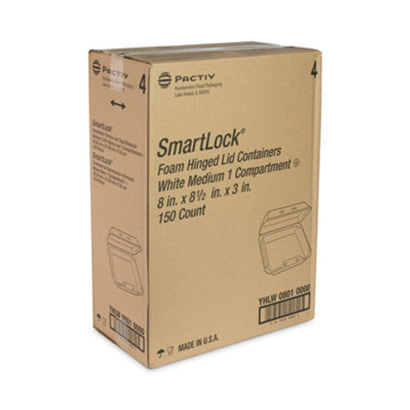 Smartlock Foam Hinged Lid Container, Medium, 8 x 8 x 3, White, 150/Carton