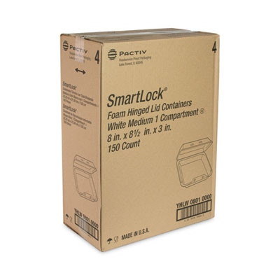 Smartlock Foam Hinged Lid Container, Medium, 8 x 8 x 3, White, 150/Carton