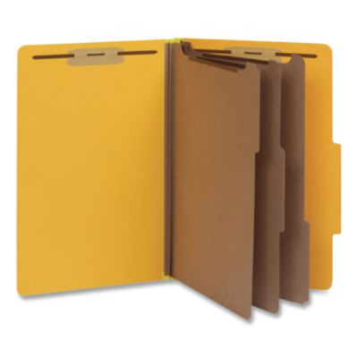 Heavy-Duty Pressboard Classification Folder, 2/5-Cut Tab, Expands 3", 3 Dividers, 8 Fasteners, Legal Size, Yellow, 10/Box