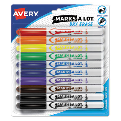 Marks A Lot Pen-Style Dry Erase Markers, Medium Bullet Tip, Assorted Colors, 10/Pack (24495)