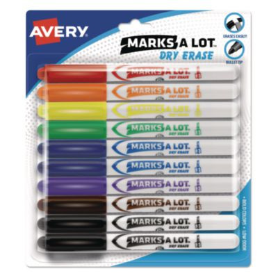 Marks A Lot Pen-Style Dry Erase Markers, Medium Bullet Tip, Assorted Colors, 10/Pack (24495)