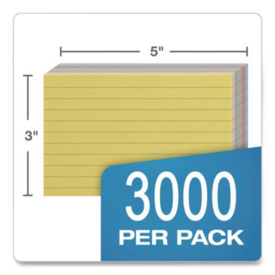 Ruled Index Cards, 3 x 5, Assorted Colors, 3,000/Carton
