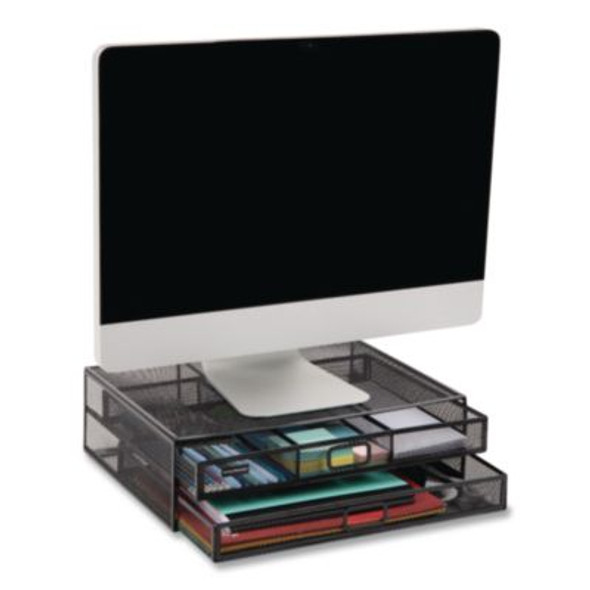 Two-Tier Metal Mesh Monitor Stand Laptop Riser, For 30" Monitors, 15.75 x 11.75 x 4.5, Black, Supports 30 Lb