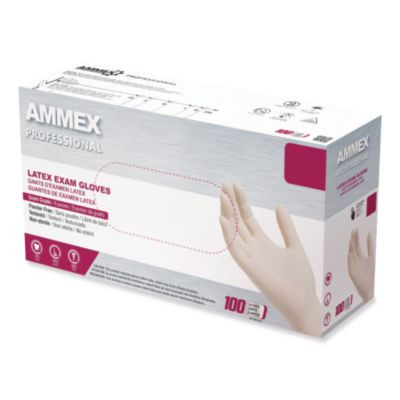 Latex Exam Gloves, Powder-Free, Large, 4 Mil (Palm), 5 Mil (Fingers), Ivory, 100/Box