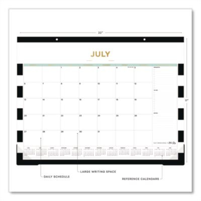Day Designer Rugby Stripe Academic Desk Pad Calendar, 22 x 17, White/Black/Gold Sheets, 12-Month: July 2025 To June 2026