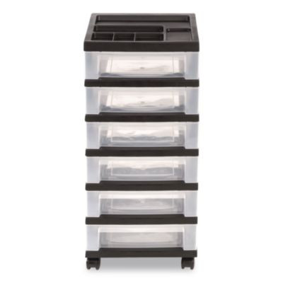 Six-Drawer Durable Storage Cart, Plastic, 15 Lb Capacity, 12.13 x 14.38 x 26.38, Clear/Black