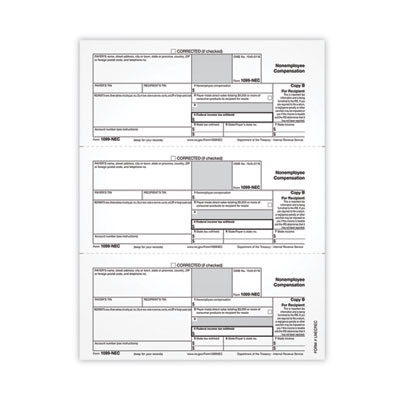 1099-Nec Tax Forms, Fiscal Year: 2021, One-Part (No Copies), 8.5 x 3.67, 3 Forms/Sheet, 50 Forms Total