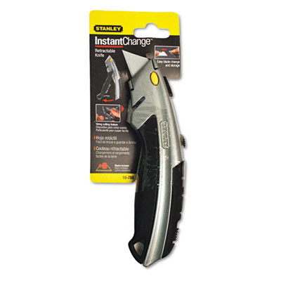 Curved Quick-Change Utility Knife, Stainless Steel Retractable Blade, 3 Blades, 6.63" Metal Handle, Black/Chrome