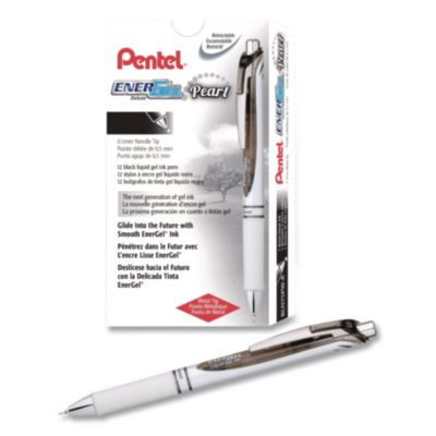 Energel Pearl Deluxe Rtx Gel Pen, Retractable, Fine 0.5 Mm, Black Ink, Pearl White/Black Barrel, Dozen