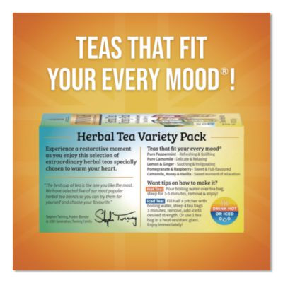 Caffeine-Free Herbal Tea Bags Variety Pack, Individually Wrapped, Four Flavors, 0.06 Oz Tea Bag, 20/Box