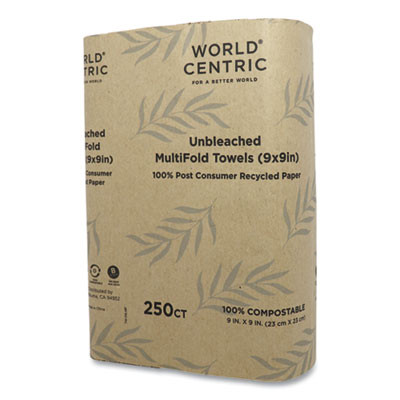 100% Pcw Recycled Paper Towels, 1-Ply, 9 x 9, Natural, 250/Pack, 16 Packs/Carton