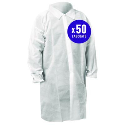 Kga10 Standard Weight Lab Coat For Non-Hazardous Particulate Protection, 2X-Large, White, 50/Carton