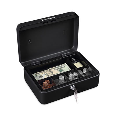 Standard Cash Box, 6 Compartments, Key Lock, 9.8" x 7.3" x 4.1", Black
