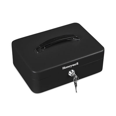 Standard Cash Box, 6 Compartments, Key Lock, 9.8" x 7.3" x 4.1", Black