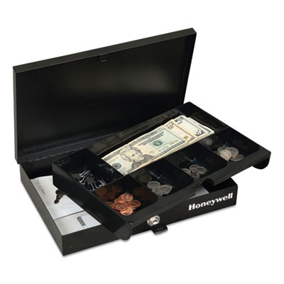 Low Profile Cash Box, 6 Compartments, Key Lock, 11.6" x 8" x 1.9", Black