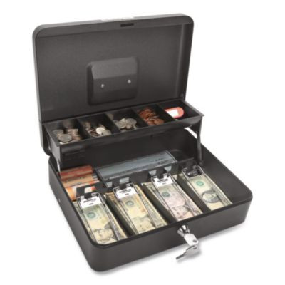 Tiered Cantidoor Lever Cash Box, 9 Compartments, Key Lock, 11.9" x 9.7" x 3.5", Black