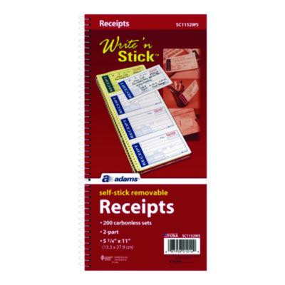 Write 'n Stick Receipt Book, Two-Part Carbonless, 4.75 x 2.75, 4 Forms/Sheet, 200 Forms Total