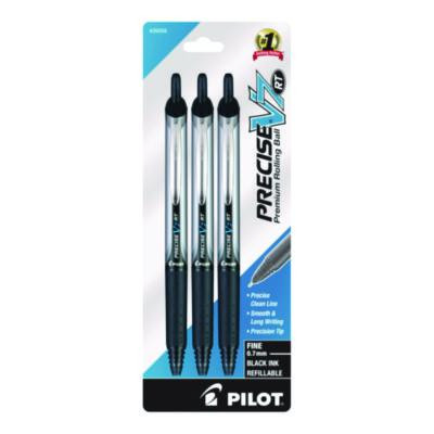 Precise V7Rt Rollerball Pen, Retractable, Fine 0.7 Mm, Black Ink, Black Barrel, 3/Pack