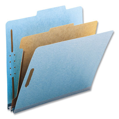 Recycled Pressboard Classification Folders, 2/5-Cut Tab, Expands 2", 1 Divider, 4 Fasteners, Letter Size, Blue, 10/Box