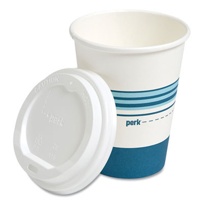 Paper Hot Cup And Plastic Dome Lid Combo, 12 Oz, White/Blue, 50/Pack