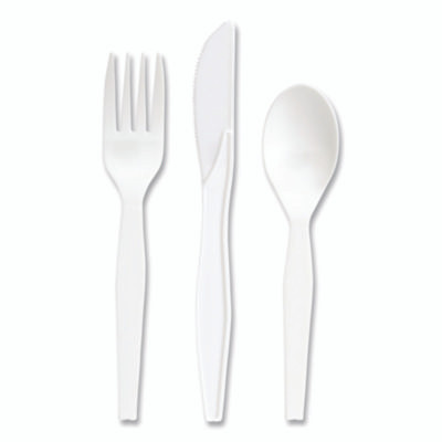 Mediumweight Plastic Cutlery, Fork/Knife/Spoon, Plastic, White, 100/Pack