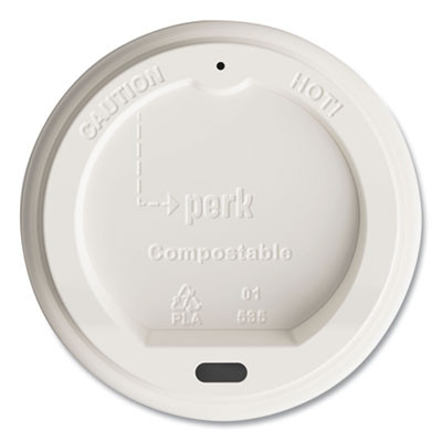 Compostable Plastic Hot Cup Lids, Fits 10 Oz/12 Oz/16 Oz Hot Cups, White, 50/Pack