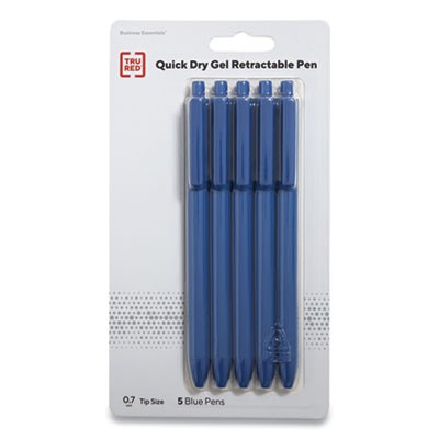 Quick Dry Gel Pen, Retractable, Medium 0.7 Mm, Blue Ink, Blue Barrel, 5/Pack