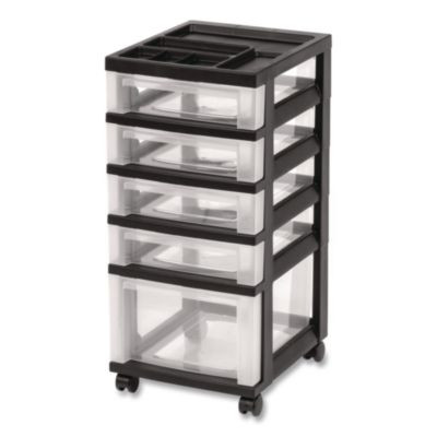 Five-Drawer Rolling Cart With Organizer Top, Plastic, 12.13 x 14.38 x 26.38, Clear/Black