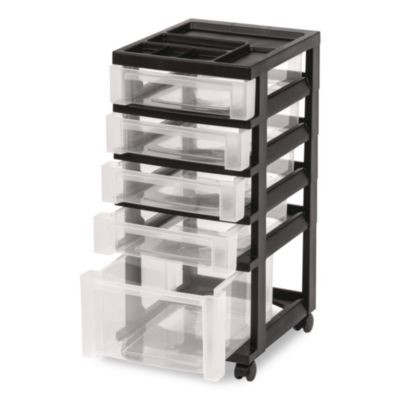 Five-Drawer Rolling Cart With Organizer Top, Plastic, 12.13 x 14.38 x 26.38, Clear/Black