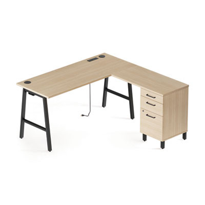 Essentials Single-Pedestal L-Shaped Desk With Integrated Power Management, 59.8" x 59.8 x 29.7", Natural Wood/Black