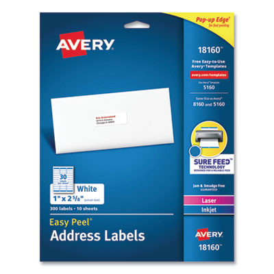 Easy Peel White Address Labels With Sure Feed Technology, Inkjet Printers, 1 X 2.63, White, 30/Sheet, 10 Sheets/Pack