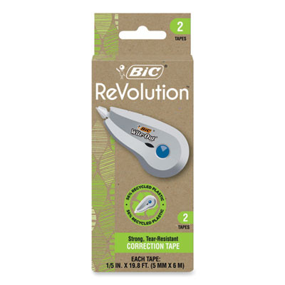 Wite-Out Brand Ecolutions Mini Correction Tape, Non-Refillable, 0.2" x 19.8 Ft, White Tape, White/Blue Dispenser, 2/Pack