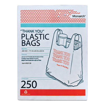 Plastic "Thank You - Have a Nice Day" Shopping Bags, Cut-Out Handles, 11.5" x 6.5" x 22", White/Red, 250/Box