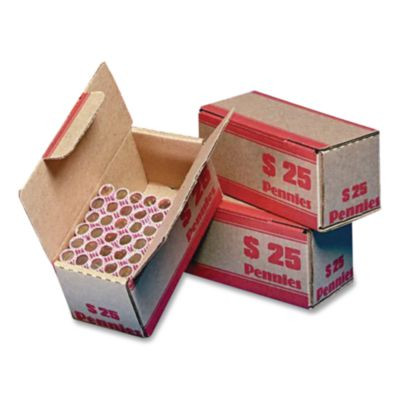 Pennies Coin Box, Accommodates $25 In Pennies, 15.5" x 19.25" x 4.5", Red/Kraft, 50/Pack