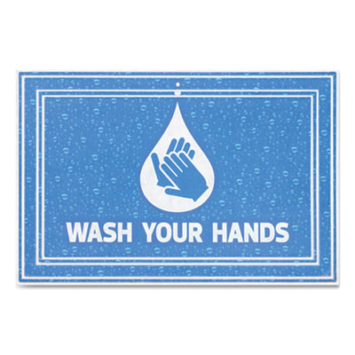 Social Distancing Message Mats, White Printed Message: Wash Hands, 36" x 24", Blue Surface